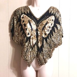 Gold Beaded Sequin Butterfly Shirt